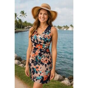 Ivanka Trump, Curvy Floral Starburst Sheath Dress Zipper Size 6 Small to Medium